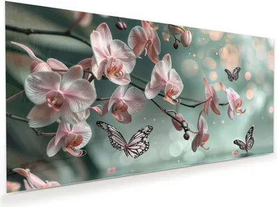Produktbild von Glasbild 60x30cm in XXL für Wohnzimmer, Schlafzimmer Motiv Orchideen Schmetterling