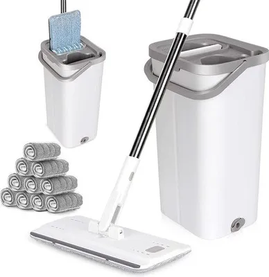 Produktbild von Famanu Wischmopp Set mit Wringer und langer Teleskopstange - 140 cm - Mikrofasermopp - 10 wiederverwendbare Pads