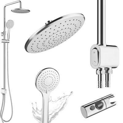 A collage of shower system components, including a shower head, handheld shower, and control unit, presented on a white background.