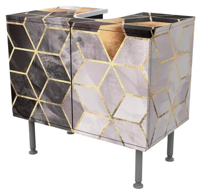 Produktbild von Waschbeckenunterschrank mit 2 Türen, höhenverstellbar, 60 cm Breite, geometrisch abstrakt, schwarz-weiß, Badmöbel mit Motiv