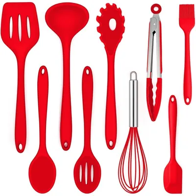 Immagine prodotto di Set di utensili da cucina in silicone, 9 pezzi, resistenti al calore, antiaderenti, colore rosso
