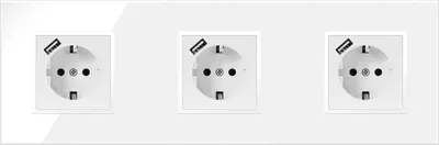 Produktbild von 3-fach Steckdose + USB Weiß Komplett mit Glasrahmen Schuko 230V QUADRA