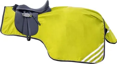 A horse saddle and a neon yellow saddle blanket are shown on a white background.