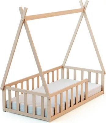 Produktbild von WEBABY - Bodenbett Babybett Holz 70 x 140 cm Buche Natur | Gitterbett mit Lattenrost inklusive | Schlafkomfort | Autonomie | MassivHolz | Cabane