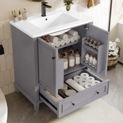 Image de OKWISH Meuble de Salle de Bain avec Vasque, 2 Portes et 1 Tiroir - 76x46x87 cm - Gris