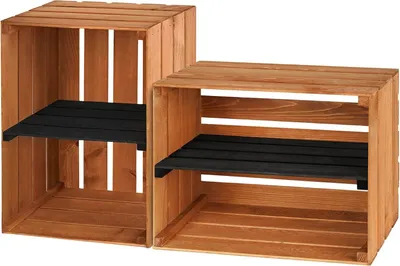 Two wooden crates with black shelves are displayed side-by-side.