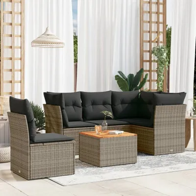 Produktbild von Design 6-tlg. Garten-Sofagarnitur mit Kissen Grau Poly Rattan, Gartenmöbel-Sets 2024 Neu