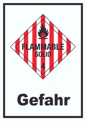 Produktbild von Schild Entzündbare feste Stoffe Gefahr Flammable Solid hochkant A6 Rückseite selbstklebend