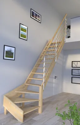 Produktbild von Holztreppe Korfu 1/4 gewendelter Ausführung rechts-Design Geländer Holzrundstäbe-ohne Setzstufen