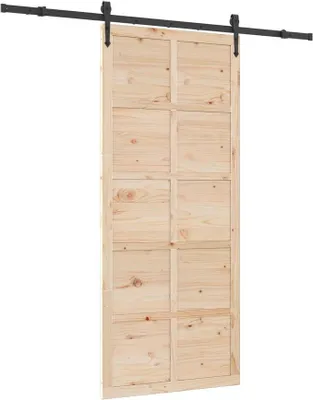 Image de Porte coulissante intérieure en bois massif de pin, dimensions 90 x 208 cm, comprenant le système de rails et les roulettes. Porte intérieure gain de place au style "porte de grange", idéale pour les salons et les bureaux