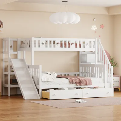 Produktbild von Merax Etagenbett 90x200cm/140x200cm mit Rutsche und Treppe, Hochbett mit Schubladen und Regale, Kinderbett mit Rausfallschutz und Lattenrost, Weiß