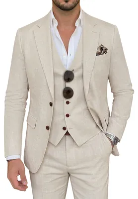 Produktbild von ZKHOECR Herrenanzug, 3-teilig, Leinen, schmale Passform, Blazer, Weste, Hose, Se
