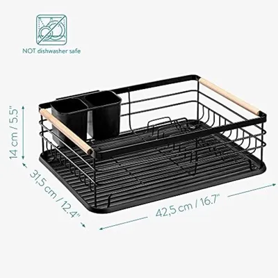 Produktbild von PolkaHome® Abtropfgestell mit Auffangschale und Besteckhalter – 42,5 x 31,5 x 14 cm, Schwarz