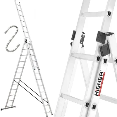 Zdjęcie produktu dla Drabina aluminiowa uniwersalna wysuwana 3x12 HIGHER z opcją na schody 150kg + hak i torba
