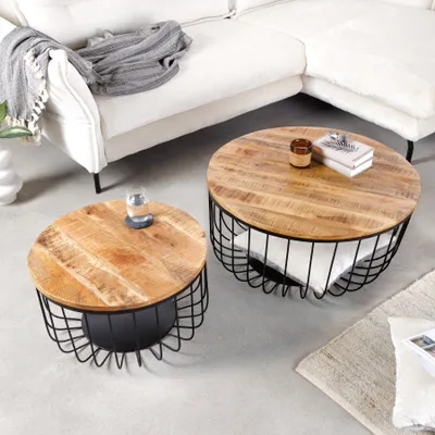 Image de riess-ambiente Lot de 2 tables basses STORAGE 70 cm en bois de manguier naturel avec espace de rangement, pied rond en métal noir