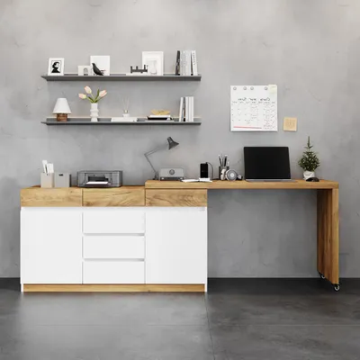 Productafbeelding van Bureau met lades, hoekbureau met draaibare tafelblad, dressoir met lades en opbergruimte, afmetingen 116*45*74 cm en 120*45*78 cm, kleur: wit en naturel, materiaal: spaanplaat