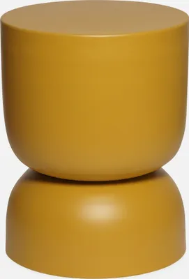 A mustard yellow side table with a rounded, cylindrical top and a rounded base.