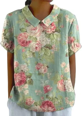 Produktbild von Bluse Damen Sommer, Elegant Leinenbluse Einfarbig Blusenshirt Revers Rundhals Leinenhemd Blumendruck Oberteile Lose Pullover