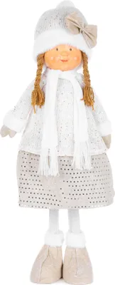 Image de Figurine MagicHome Noël, Petite fille avec bonnet blanc, blanc et doré, en tissu, 30x19x79 cm