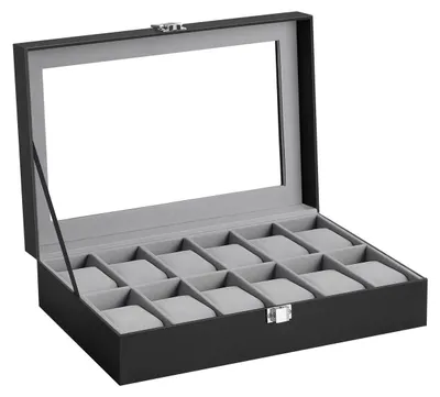 Obrázek produktu pro Černá krabička na hodinky Oskar s prostorem pro 12 hodinek, potažená umělou kůží