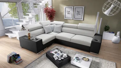 Produktbild von Ecksofa mit Schlaffunktion Eckcouch PERS II (Grau SAWANA 84 + schwarzes Kunstleder, Links)