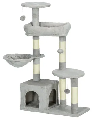 Produktbild von Katzenbaum mit Sisalst?mmen, H?hle, Plattformen und H?ngekugeln, hellgrau, H?he 104 cm.