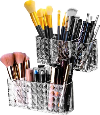 Produktbild von 2 St Schminktisch Organizer Make Up Pinselhalter Kosmetik Aufbewahrung,Make-up Organizer, Kosmetikpinselhalter,mit 3 Fächern,für Schlafzimmer,Bad,Büro