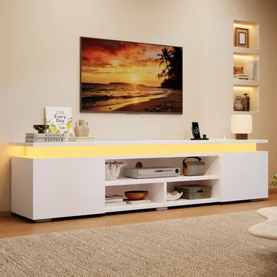 Produktbild von MODFU Lowboard Weiß 180 × 35 × 42 cm, TV‑Schrank mit RGB-LED-Beleuchtung, App- und Sprachsteuerung, Fernsehbank mit 2 Schränken und 3 offenen Fächern