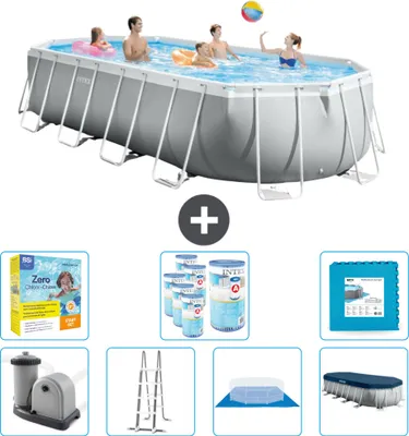 Produktbild von Intex Oval Prism Frame Swimmingpool – 610 x 305 x 122 cm – Grau – inklusive Pumpe – Leiter – Bodenplane – Abdeckung Wartungspaket - Filter - Bodenfliesen