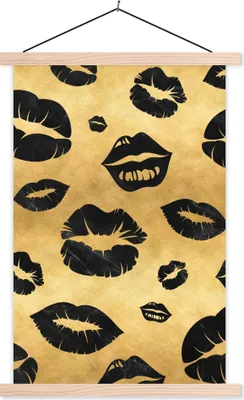 Produktbild von MuchoWow® Textilposter Muster - Kuss - Gold - Schwarz 120x180 cm mit holzfarbenen Rahmen - Textil-Plakat