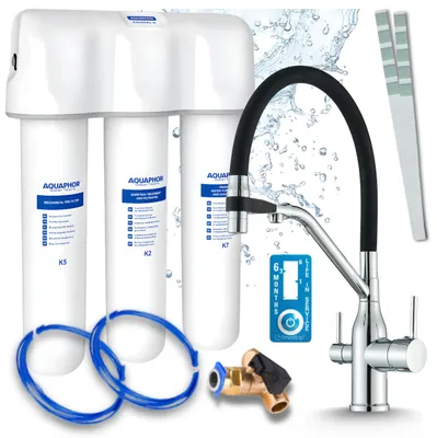 Productafbeelding van Keukenmengkraan met waterfiltersysteem Ari Magneto, mengkraan met twee grepen, keramische cartridge, 360 graden draaibaar, luchtspaarstuk, verchroomd messing, chroom