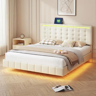 Produktbild von ProximaX Beiges Leinen Bettgestell 160x200cm mit LED-Beleuchtung & USB-Anschluss, Schwebendes Polsterbett mit verstellbarem Kopfteil