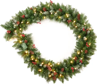Produktbild von 9 Fuß lange, beleuchtete Weihnachtsgirlande, gemischte Kiefer, dekoriert mit bereiften Beeren, Tannenzapfen, 50 LEDs mit Timer, batteriebetrieben, für Kaminsims, Treppe, drinnen und draußen