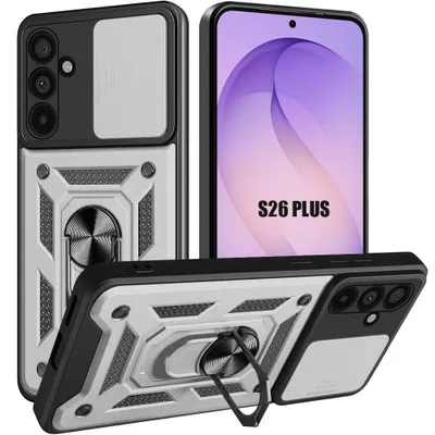 Image de Coque pour Samsung Galaxy S26 Plus, Antichoc avec Anneau et Protection Caméra Coulissante - Argenté