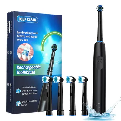 Produktbild von Elektrische Rotationszahnbürste mit 5 Modi, 4 Bürstenköpfen und 2-Minuten-Timer, USB-C, Schwarz