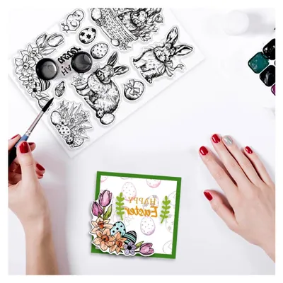 Produktbild von 3-teiliges Transparentes Stempel- und Stanzformen-Set „Retro-Kaninchen“ für die Kartenherstellung mit „Frohe Ostern“-Wörtern, Vintage-Hasen-Metall-Stanzformen, Eier-Stempel und Blumen