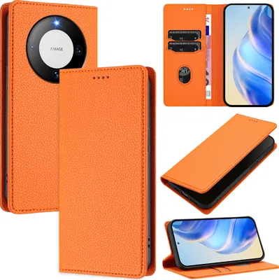 Produktbild von Litchi Leder Handyhülle für Huawei Mate 60 Pro/Mate 60 Pro+ Wallet Kartenfächer Standfunktion Hülle Orange