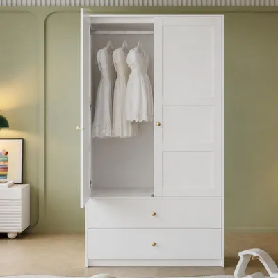 Produktbild von Flieks 2-türiger Eckkleiderschrank mit 2 Schubladen, Kleiderschrank mit Kleiderstange, Doppeltürige Gaderobe, 100x48x180 cm, Weiß