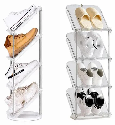 Image de Étagère à chaussures, 5 niveaux, étroite, gain de place, transparente, en plastique PET blanc, avec des éléments en acier inoxydable