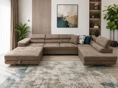 Produktbild von U-Form Sofa Rodos 345x202x90 cm, Ecksofa mit Schlaffunktion, Modern Couch mit Bettkasten, Schlafsofa, Eleganter Monolith-Stoff, Braun, Rechts