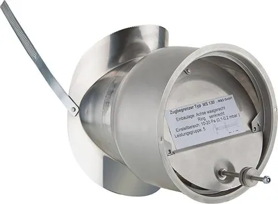 A stainless steel duct regulator with a label showing product information.