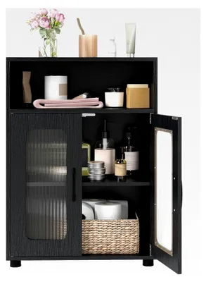 Produktbild von Badezimmerschrank, freistehender Badschrank mit 2 Türen und 3-stufig verstellbarem Regal, Aufbewahrungsschrank mit offenem Fach und erhöhten Beinen, für Wohnzimmer, Badezimmer, Küche (Schwarz)