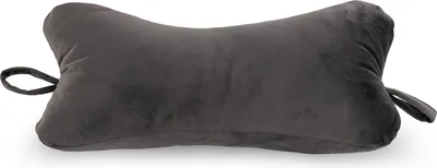 A dark gray bone-shaped pillow with loops on each end, presented on a white background.