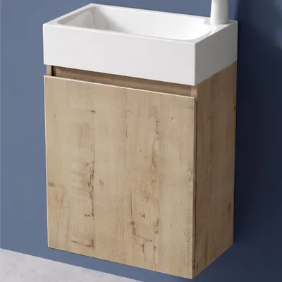 Produktbild von doporro Badmöbel Set Waschtisch mit Unterschrank Waschbecken-Unterschrank für Gäste-WC 46cm in Eiche Greige Design Waschplatz Wandmontage Pisa 02