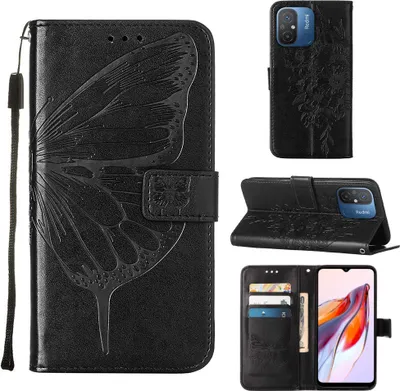 Produktbild von Lederhülle für Xiaomi Redmi 12C /Poco C55 Schmetterling Prägung Flip Ledertasche Kartenfächer Handyhülle mit Ständer Schwarz