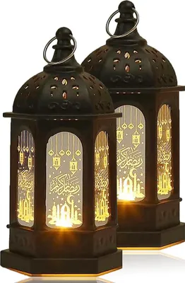 Produktbild von Lauwexe Ramadan-Laterne LED Eid Mubarak Deko 2 Stš¹ck, Hexagonal Mit Glas-Seiten Und Aufh?ngering, Fš¹r Tisch, Wand Oder Au?enbereich