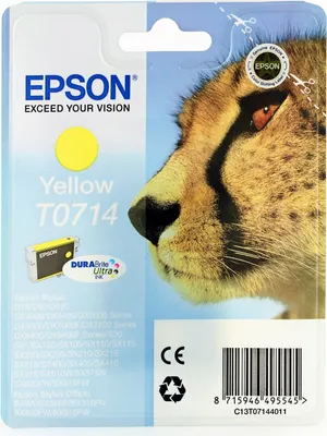 Packaging for an Epson T0714 Yellow ink cartridge, featuring a close-up of a cheetah's face.