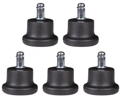 Five black chair casters with silver stems are arranged on a white background.