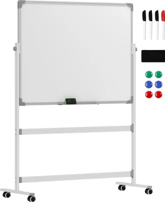 A white, double-sided magnetic whiteboard on a rolling stand, with accessories like markers and magnets displayed to the right.