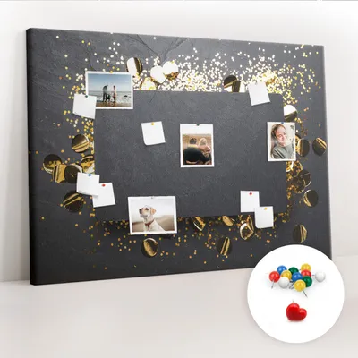 Obrázek produktu pro Korková nástěnka s kolíčky - Tabule s kolíky pro fotografie a poznámky - 140x100 cm - Připínáčky barevné 100 kusů - Zlaté konfety